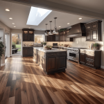 A kitchen with dark wood floors and a skylight during remodeling.